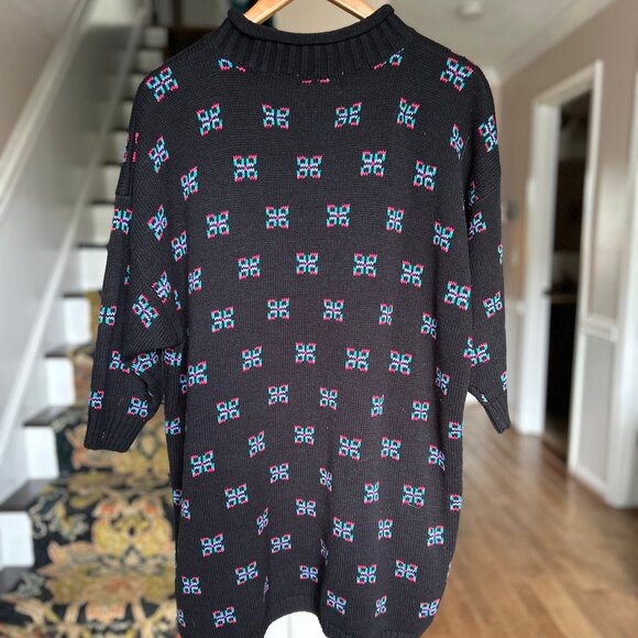 Vintage Stefano 80s Sweater Mini Dress Black with Pattern Roll Neck One Size - Picture 3 of 7